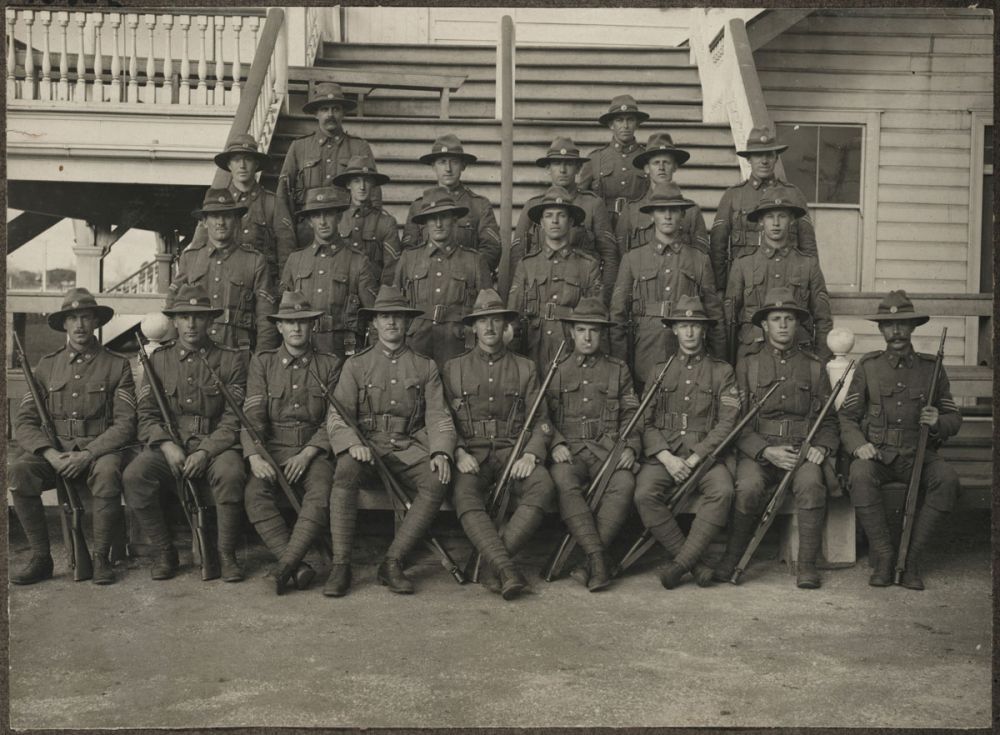 A group photograph showing the NCOs of the 15th North Auckland Company of the Infantry Regiment, 1st NZEF, prior to sailing for Egypt.